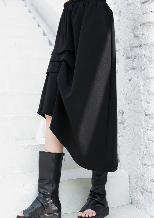 black casual cotton blended skirts loose one side drawstring elastic waist aline skirts
