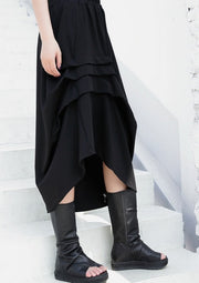 black casual cotton blended skirts loose one side drawstring elastic waist aline skirts