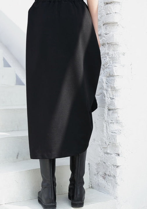 Schwarze, lässige Röcke aus Baumwollgemisch, lockere Aline-Röcke mit einseitiger Kordelzug und elastischer Taille