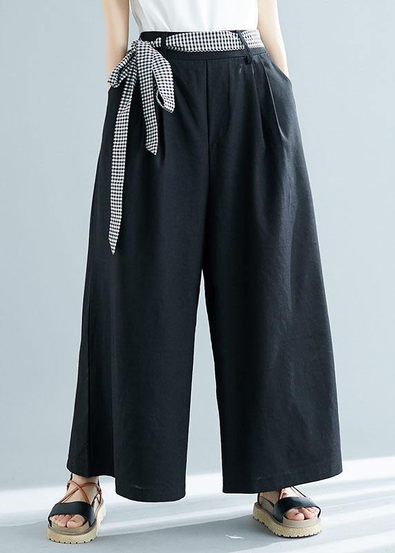 black cotton blended wide leg pants tie waist casual trousers - SooLinen