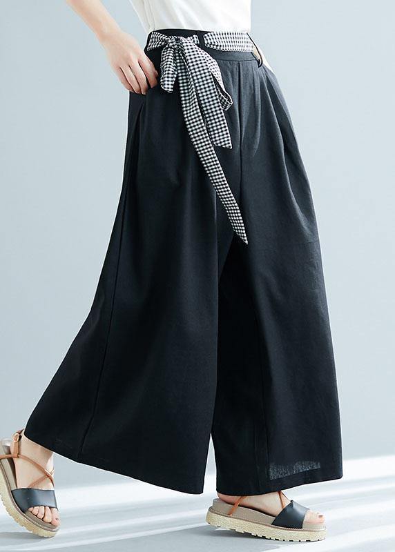 black cotton blended wide leg pants tie waist casual trousers - SooLinen