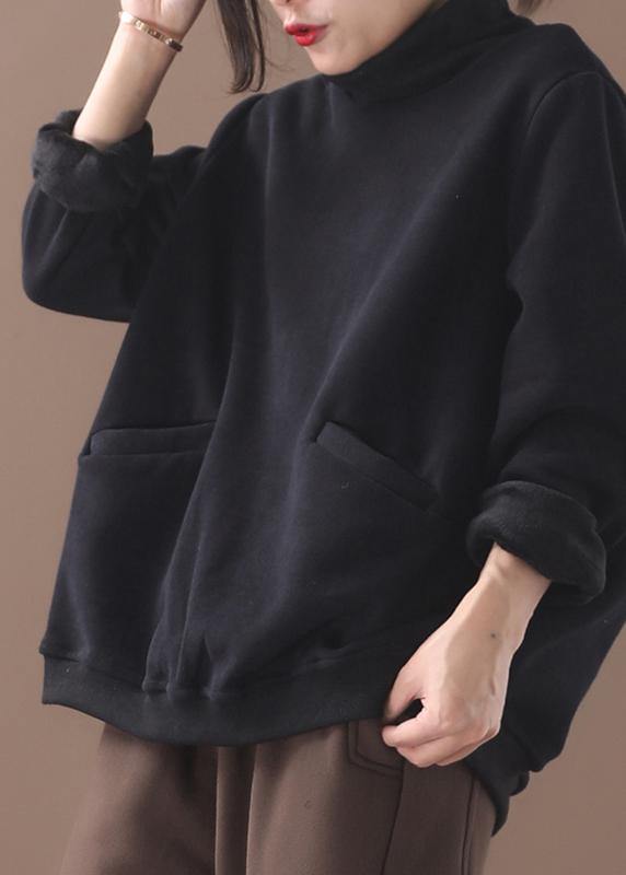 black cotton clothes two pockets Plus Size Clothing patchwork high neck shirts - SooLinen