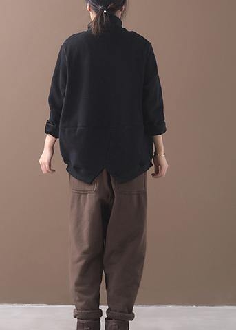 black cotton clothes two pockets Plus Size Clothing patchwork high neck shirts - SooLinen