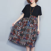 black cotton shift dress oversized cotton maxi dress vintage prints patchwork short sleeve natural dress