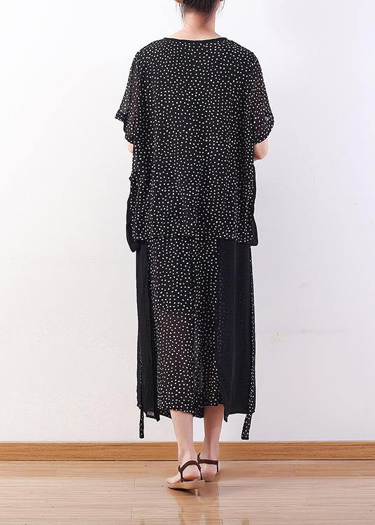 black dotted chiffon pullover tops with women patchwork pants two pieces - SooLinen