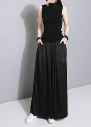 black elegant blended women trousers plus size elastic waist straight pants - SooLinen
