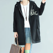 black fashion casual cotton prints coats oversize zippered long sleeve trench coat hooded winter outfits