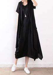 black fashion two pieces linen sleeve mid cardigan loose short sleeve maxi dress - SooLinen