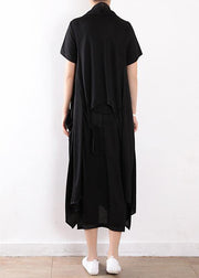 black fashion two pieces linen sleeve mid cardigan loose short sleeve maxi dress - SooLinen