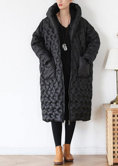 black loose large size hooded long padded jacket cotton thick coat - SooLinen