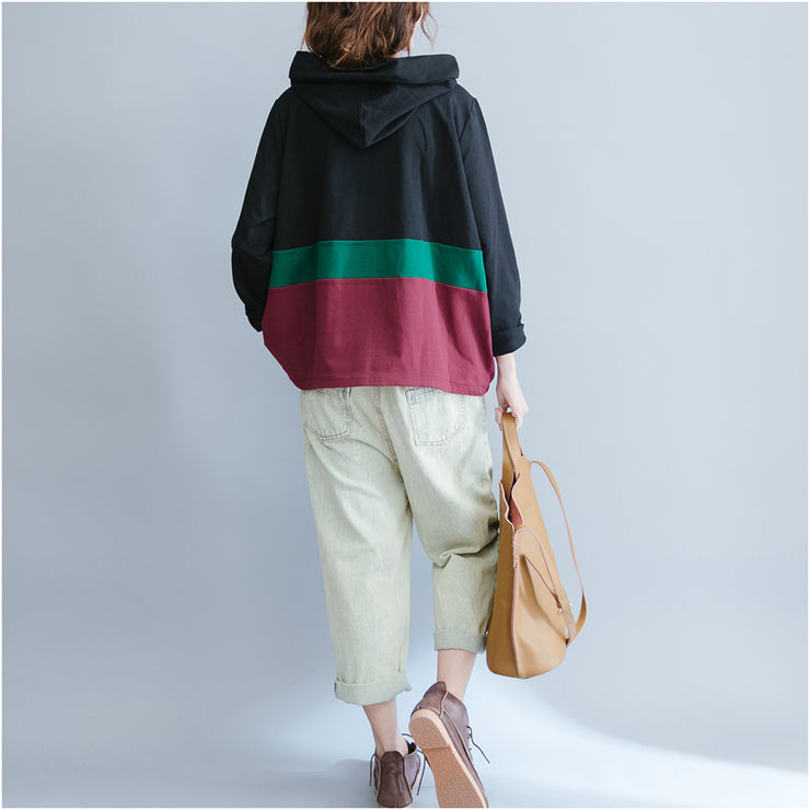 black patchwork chunky cotton coats plus size casual hooded outwear