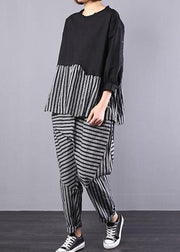 black patchwork striped two pieces cotton linen tops and striped harem pants - SooLinen