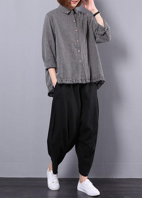 black plaid long sleeve cotton linen blouse with women black pants two pieces - SooLinen