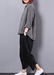 black plaid long sleeve cotton linen blouse with women black pants two pieces - SooLinen