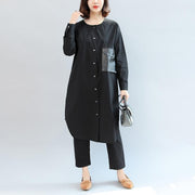 Schwarze Taschen Patchwork-Baumwollbluse Oversize-Hemdkleid mit O-Ausschnitt