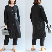 Schwarze Taschen Patchwork-Baumwollbluse Oversize-Hemdkleid mit O-Ausschnitt