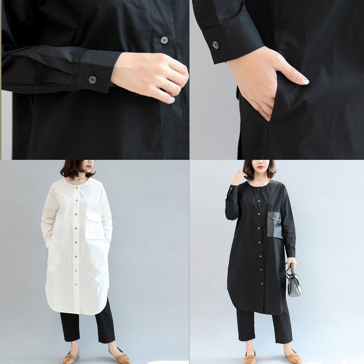black pockets patchwork cotton blouse oversize o neck shirt dress