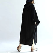 lässige Baumwollkleider mit schwarzem Druck plus Größe mit Kapuze, dickem, seitlich offenem Kleid
