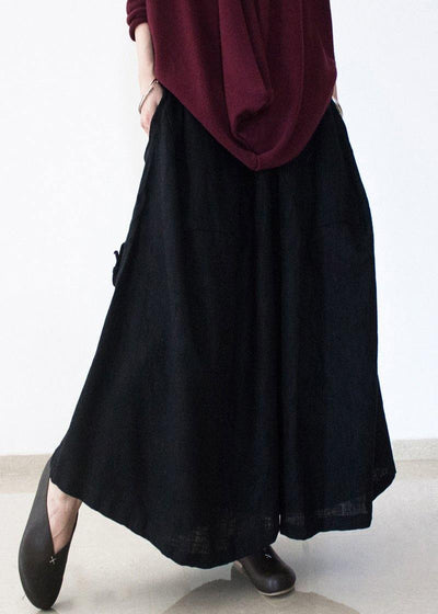 black retro drawstring folds gradient loose large size wide leg pants thick cotton linen skirt pants - SooLinen