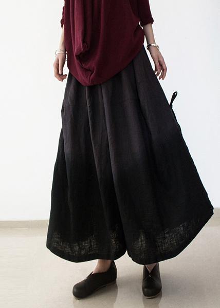 black retro drawstring folds gradient loose large size wide leg pants thick cotton linen skirt pants - SooLinen