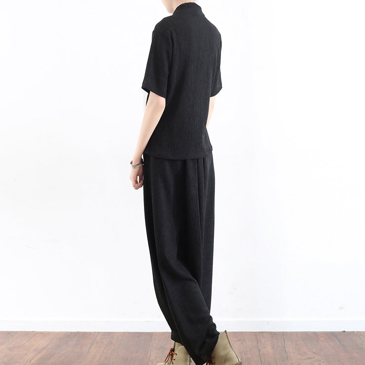 black silk cross design silk tops shirts with harem pants two pieces