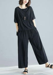black summer short sleeve pullover and casual drawstring pants two pieces - SooLinen
