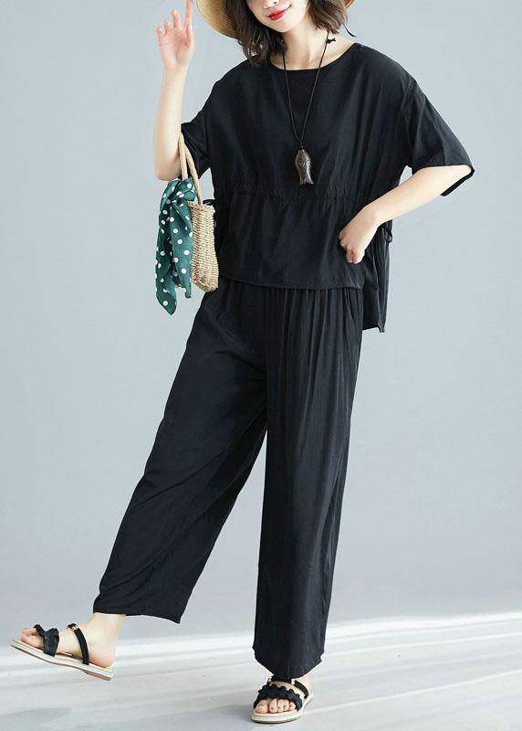 black summer short sleeve pullover and casual drawstring pants two pieces - SooLinen
