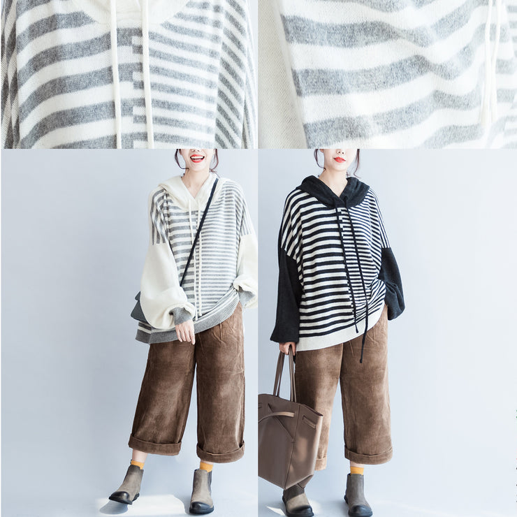 black thick warm striped patchwork woolen knit tops chunky oversize hooded pullover