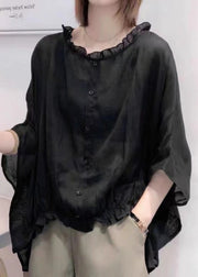 Black  Tops Ruffles Trim Half Sleeve Shirts Blouse Plus Size