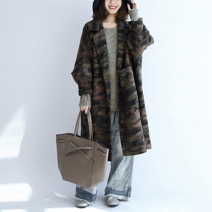 blackish green camouflage casual woolen cardigans oversize pockets long sleeve trench coats