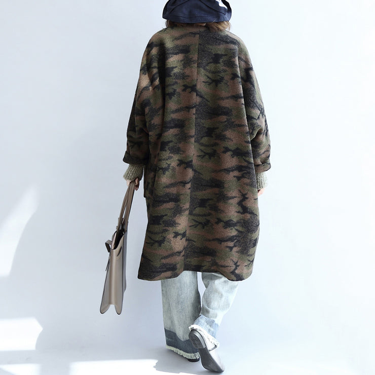 blackish green camouflage casual woolen cardigans oversize pockets long sleeve trench coats