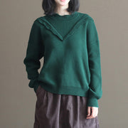 blackish green thick cotton knit blouse plus size lace collar sweater