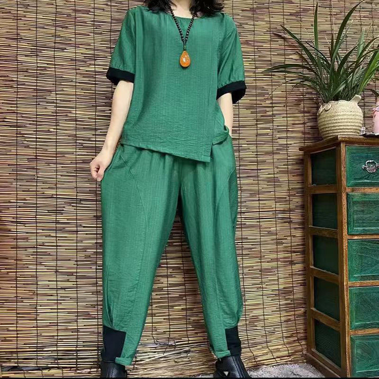 blackish green casual cotton low high design tops and elastic waist pants suit