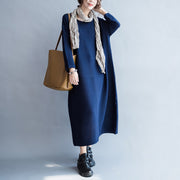 Blaues, lässiges, warmes Strickkleid, Oversize-Pulloverkleid mit O-Ausschnitt