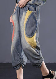 blue cotton new patchwork pants loose Cinched jeans - SooLinen
