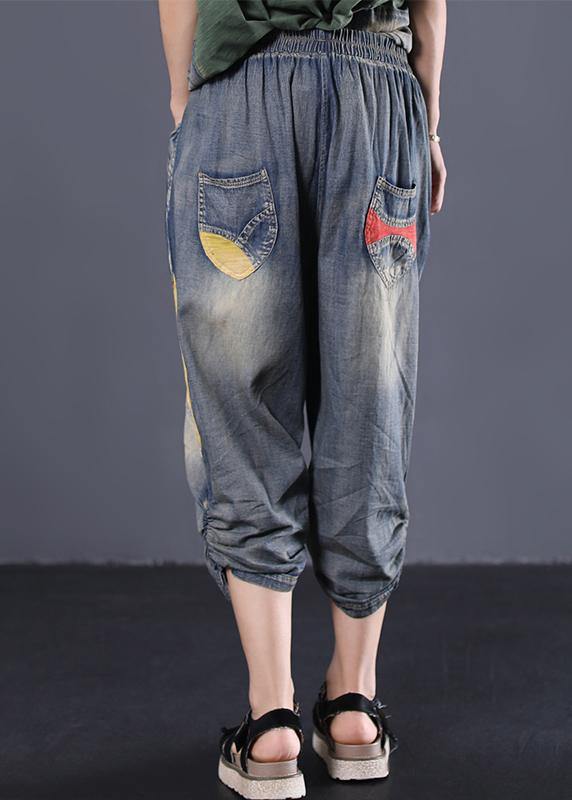 blue cotton new patchwork pants loose Cinched jeans - SooLinen