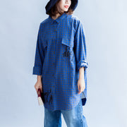 blue fashion casual grid prints cotton blouse oversize turn-down collar shirt