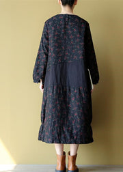 blue floral cotton warm dresses plus size embroidery linen casual long sleeve patchwork dresses