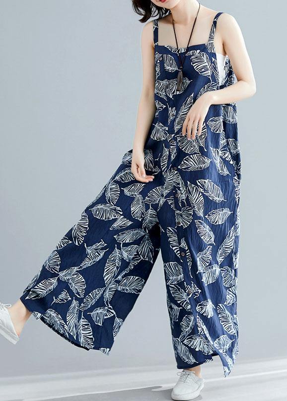 blue prints summer asymmetric button jumpsuit pants plus size cotton carpenter pants - SooLinen