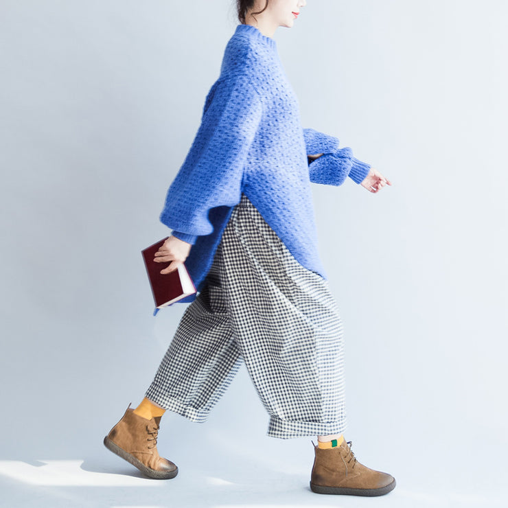 blauer, stylischer, lässiger Baumwoll-Strickoberteil übergroßer Herbst 2021 warmer Pullover
