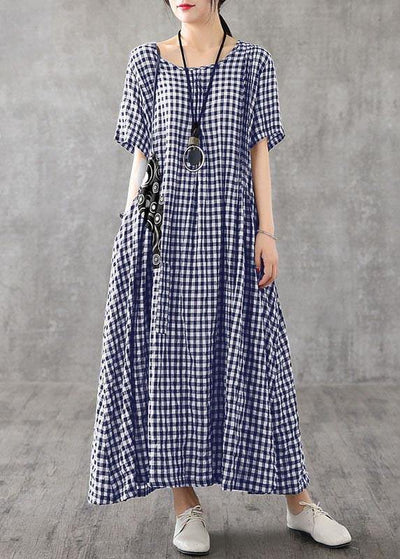 Blue Plaid Linen Dresses Summer Cotton Dress - SooLinen