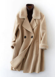 boutique beige Woolen Coats oversize medium length jackets fur collar coat double breast - SooLinen