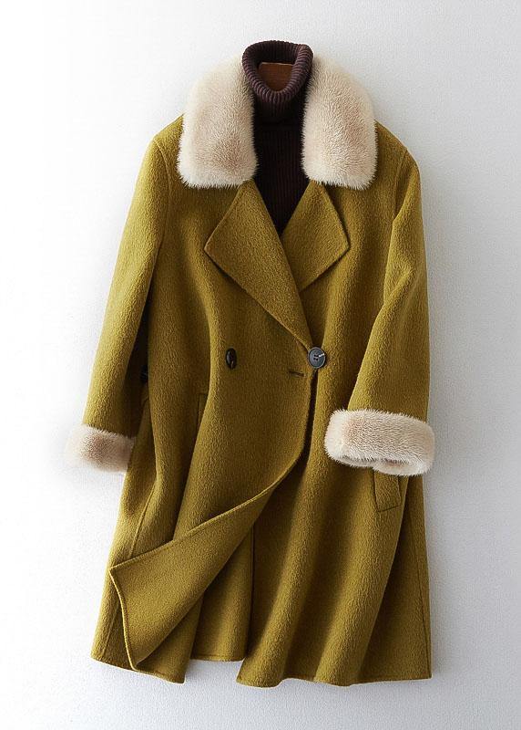 boutique beige Woolen Coats oversize medium length jackets fur collar coat double breast - SooLinen