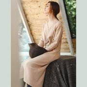 Boutique Beige Strick Locker sitzende Frühlingskleider mit V-Ausschnitt, feine lange Strickpullover mit Kordelzug