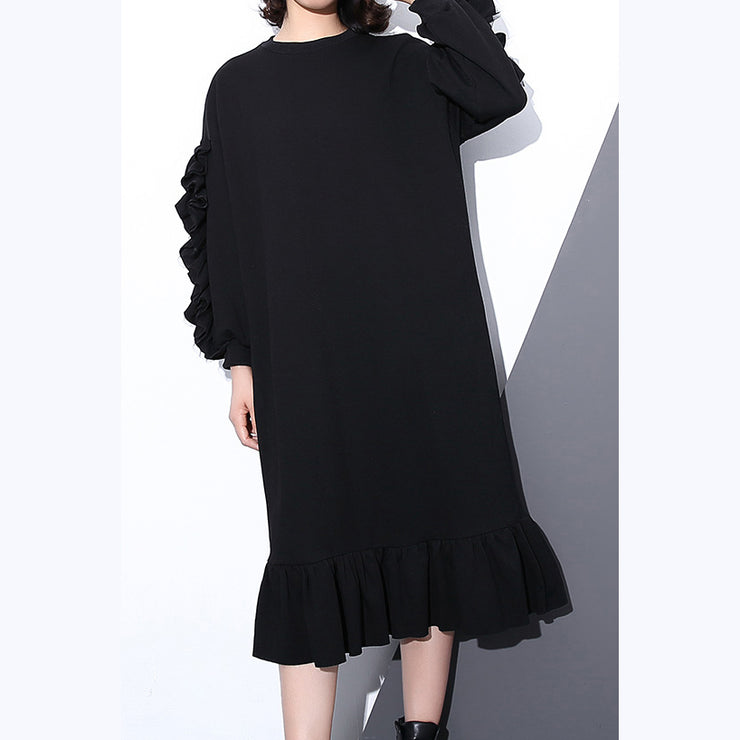boutique black autumn cotton dress trendy plus size O neck cotton clothing dress 2018 long sleeve Cinched maxi dresses