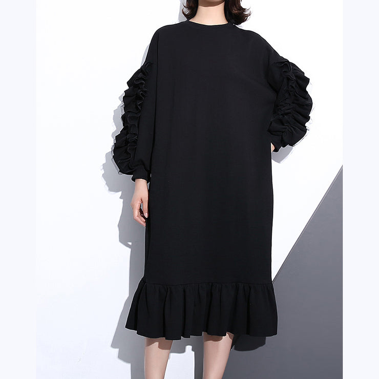 Boutique schwarzes Herbst-Baumwollkleid trendy plus Größe O-Ausschnitt Baumwollkleidungskleid 2018 Langarm Cinched Maxikleider