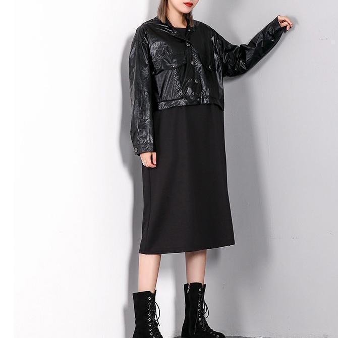 Boutique schwarze Kaftane trendy plus Größe Stehkragenkleid feines Patchwork falsche zweiteilige Maxikleider
