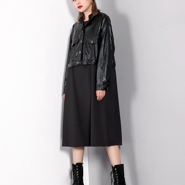 Boutique schwarze Kaftane trendy plus Größe Stehkragenkleid feines Patchwork falsche zweiteilige Maxikleider