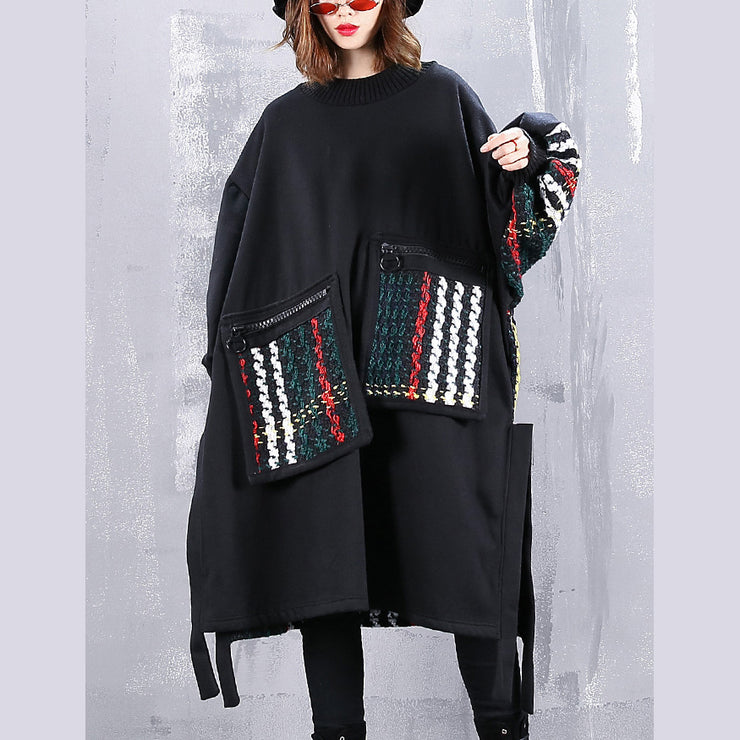 boutique black coat plus size O neck patchwork maxi t shirts women pockets side open tops