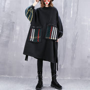 Boutique schwarzer Mantel plus Größe O-Ausschnitt Patchwork Maxi T-Shirts Frauen Taschen seitlich offene Oberteile